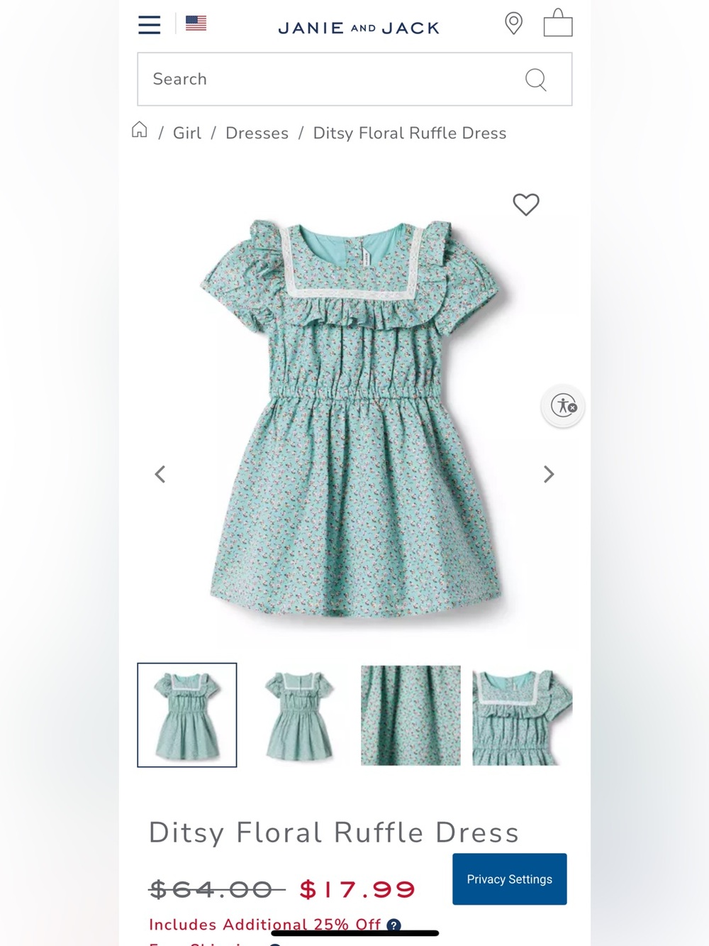 Barely used Janie and Jack Ruffle Dress - Ditsy Floral - Aqua